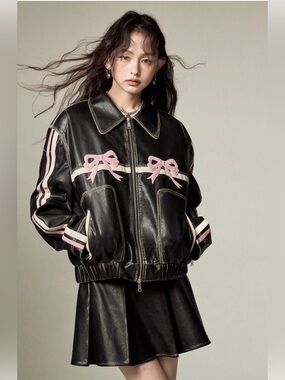 Diddi Moda Faux Leather Moto Jacket Large Bow Accents Coquette Edgy Oversized